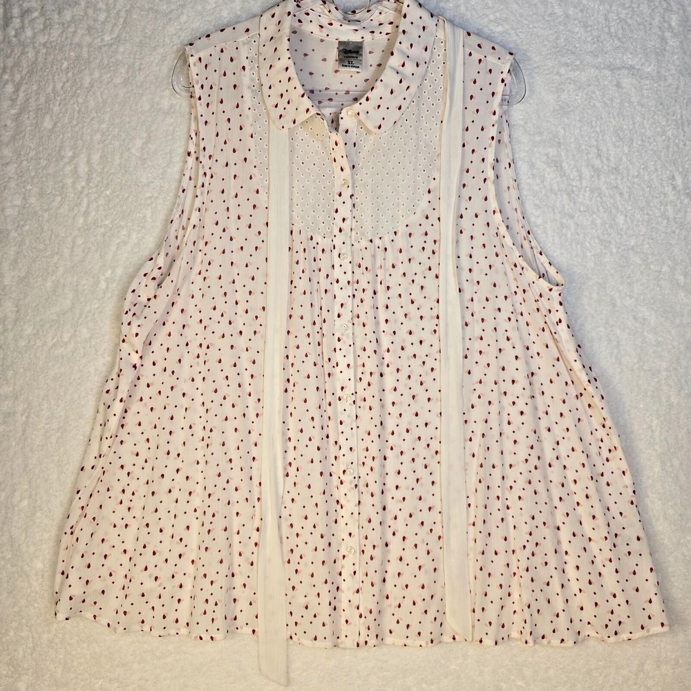 Disney Sleeveless Tie Neck Eyelet Yoke Polka Dot Button‎ Up Blouse Women XL